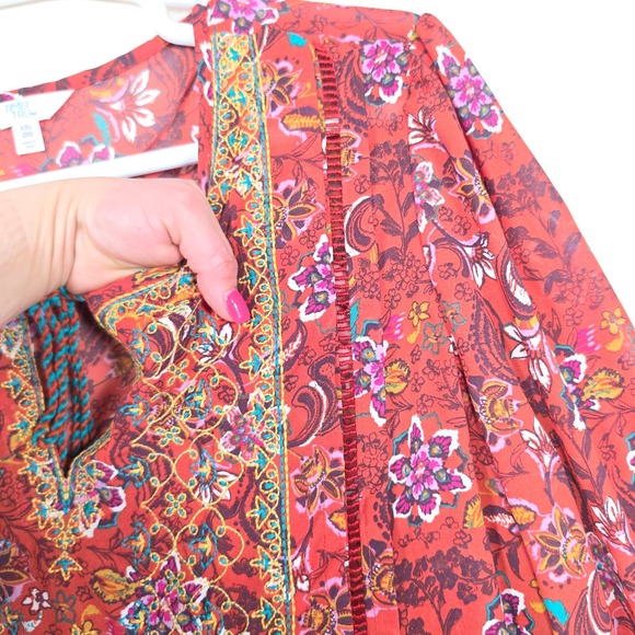 Time And Tru Dress Womens XXL 20 Red Floral Embroidered Boho Cottagecore Peasant - Picture 10 of 13